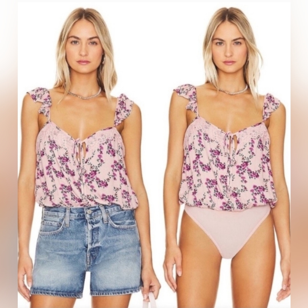 Free People Intimately "Take It Away" Pink Floral Ruffled Tie Front Bodysuit - Picture 6 of 14